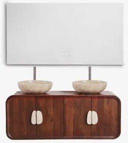 Conjunto De Móvel De Casa De Banho Dupla Suspensa 130x45 Cm Em Madeira De Manga E Pedra Natural Kivalina Travertino - Madeira De Mangueira Escura & -