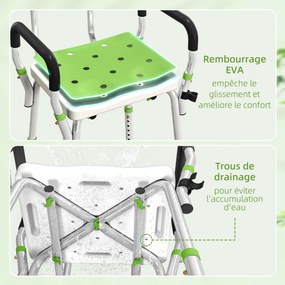 Banco de duche, cadeira de duche ergonómica, altura ajustável, pés antiderrapantes, 56,5 x 53,5 x 87 cm, branco e verde