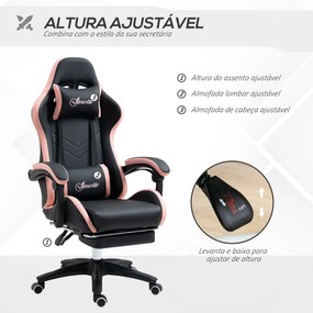 Cadeira Gaming de Couro PU com Altura Ajustável Reclinável 135° e Apoio para os Pés Retrátil 65x65x121-129 cm Rosa e Preto