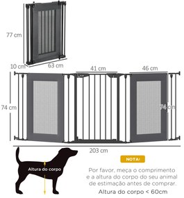 Barreira de Segurança para Cães Dobrável de 3 Peças 203x74cm Barreira de Segurança para Escadas e Portas com Sistema de Fechamento Automático e 2 Pain