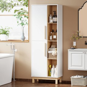Móvel de casa de banho 62,5 L x 35 P x 176 A cm, móvel de arrumação, 2 portas, 4 compartimentos abertos e prateleiras ajustáveis, branco e natural