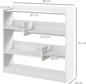 Estante de arrumação 90 x 24 x 91 cm, 4 prateleiras, 3 painéis traseiros branco