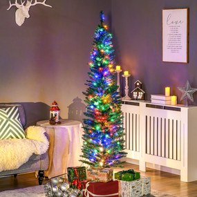 Árvore de Natal artificial iluminada em forma de lápis, 180 cm, 150 luzes multicoloridas, 390 ramos, base em aço verde