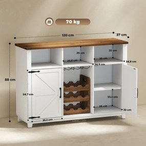 Aparador de Cozinha Rústico com Prateleiras Ajustáveis e Suporte para Garrafas 120x37x88 cm Branco