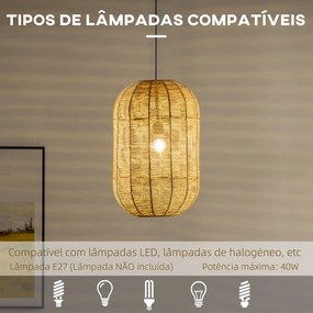 Candeeiro Suspenso de Corda de Papel Candeeiro de Teto Lâmpada E27 Máx. 40W com Corda Ajustável para Sala de Jantar Dormitório Ø30x47cm Natural e Pret