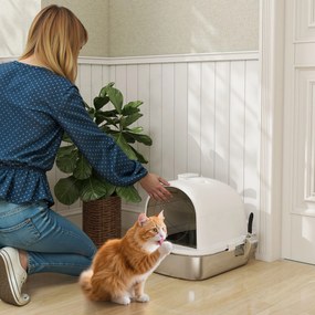 Caixa de Areia para Gatos em Aço Inoxidável com Tampa Caixa de Areia com Bolsa Desodorizante e Pá 52,4x41,3x39,9 cm Branco