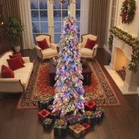 Árvore de Natal Estreita 225 cm Árvore de Natal efeito neve com Luzes LED Temporizador 11 Modos de Iluminação Verde