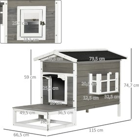 Casinha para gatos com compartimentos abertos externos elevados e terraço impermeável em madeira, 115 x 66,5 x 74,7  cm, cinzenta