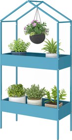 Prateleira para plantas de 2 níveis 75 x 35 x 150 cm, suporte para plantas em metal com gancho, suporte para vasos em forma de casa, azul