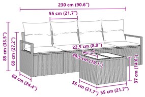 Conjunto de Sofá Jardins de 5 Peças com Almofadas Rattan Preto, Sofá d