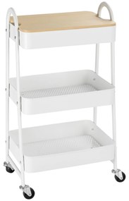 Carrinho Auxiliar com Rodas de 3 Níveis Carrinho de Cozinha com 3 Cestas de Aço e 1 Bancada de Madeira 45x31x79,4 cm Branco