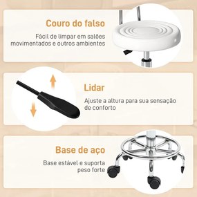Banco Giratório com Rodas e Encosto Banco de Trabalho maquilhagem Cabeleireiro com Altura Ajustável Banco Estofado em Couro Sintético  32x40x70x70-86