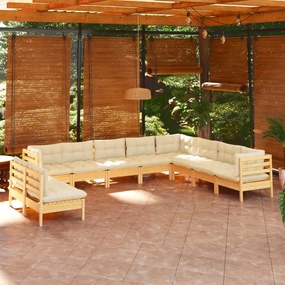 vidaXL 10 pcs conjunto lounge jardim c/ almofadões creme pinho maciço