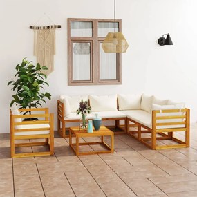 vidaXL 7 pcs conjunto lounge jardim c/ almofadões acácia maciça creme
