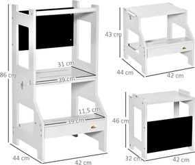 Torre de Aprendizagem para Crianças de Madeira Convertível em Secretária com Ardósia e Barra de Segurança 42x44x86 cm Cinza