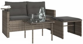 3 pcs conjunto sofás de jardim c/ almofadões vime PE cinzento