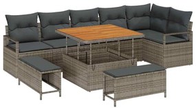 Conjunto de Sofá de Jardim de 9 peças com Almofadas Cinza Polirattan A
