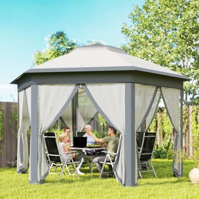Tenda Dobrável 4x3,4 m Tenda de Jardim Hexagonal com Duplo Tecto 6 Mosquiteiras Destacáveis e Saco de Transporte Cinzento
