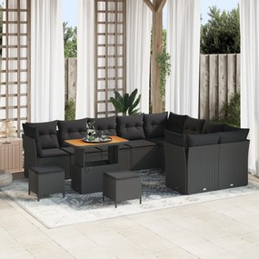 Conjunto de Sofá de Jardim de 12 Peças com Almofadas Preto Rattan Poly