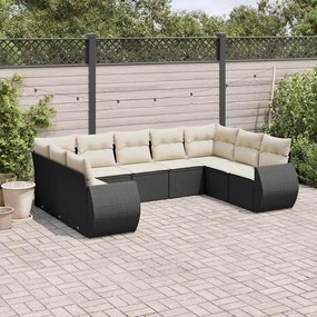 9 pcs conjunto de sofás p/ jardim c/ almofadões vime PE preto