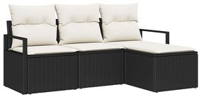 Sofá de Jardim 4 Peças com Almofadas Pretas em Polyrattan
