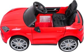 Carro elétrico para Crianças 2 a 5 anos 12V Porsche Cayenne, Rodas de espuma EVA, Controlo Remoto, assento Couro ecológico preto Vermelho
