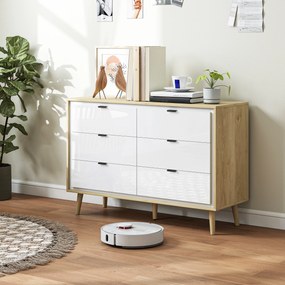 Cómoda 6 Gavetas 110x40x75 cm Quarto com Pernas de Madeira Estilo Moderno  Branco Brilhante e Carvalho