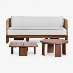 Conjunto De Sala De Estar Com Sofá De 3 Lugares E 2 Mesas De Centro Em Rattan E Madeira De Acácia Famara Castanho Acácia - Sklum