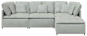 Sofá modular com pufes e almofadas veludo cinzento-claro