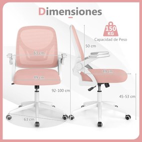 Cadeira de escritório ergonómica com apoio lombar integrado, apoios de braços rebatíveis, rodas universais, altura ajustável, Rosa