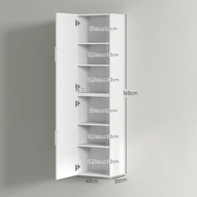 Coluna Casa de Banho de Parede Armário Alto Casa de Banho com Prateleiras Ajustáveis e 2 Portas  40x30x160 cm Branco