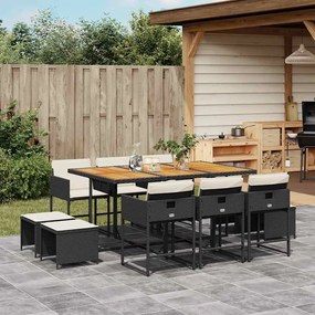 11 pcs conjunto de jantar p/ jardim c/ almofadões vime PE preto