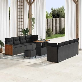 Conjunto de Sofá de Jardim vidaXL de 11 Peças com Almofadas Preto Rattan Sintético Acácia