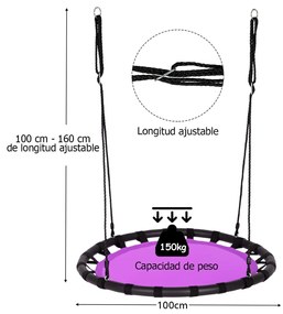 Baloiço Infantil Crianças redondo 100 cm com Altura ajustável 100-160 cm para Jardim e Árvores e Violeta