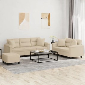 vidaXL 3 pcs conjunto sofás c/ almofadas tecido microfibra cor creme