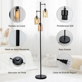 Candeeiro de pé com abajur de vidro âmbar de 3 cabeças, interruptor de pé, base de metal para quarto, 24,5 x 164 cm, preto