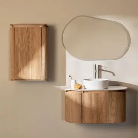 Conjunto De Móvel De Casa De Banho Suspenso 90x50 Cm Em Madeira Carsone Madeira Natural & Madeira Natural & Cerâmica Redonda Branca Ø40 - Sklum