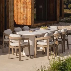 Conjunto De Mesa Oval 220x95 Cm Em Cimento Noemi E 8 Cadeiras De Jardim Em Madeira De Acácia Uleno Branco - Sklum