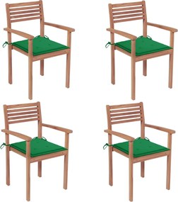 vidaXL Cadeiras de jardim c/ almofadões verdes 4 pcs teca maciça