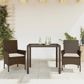 3pcs conjunto jantar jardim c/almofadões vime PE/vidro castanho