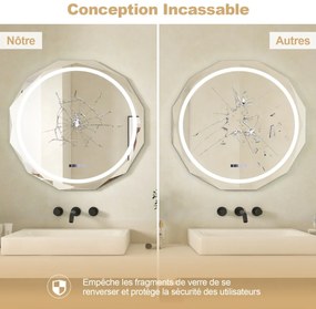 Espelho de banheiro antiembaçante com luz LED de 3 cores, função de memória, leitura de hora e temperatura