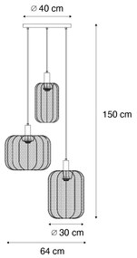 Candeeiro suspenso Japandi preto e dourado com abajur bege 3-luzes - Pluni Japandi