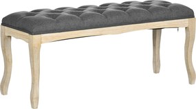 Banco estofado estilo clássico, 110 cm, para colocar ao pé da cama, estofado em linho, com base em madeira de hevea esculpida, linho cinzento