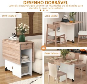 Mesa de Cozinha Dobrável com Rodas Laterais Rebatíveis Gaveta e Prateleiras para 2-4 Pessoas 120x72x75 cm Madeira Branco