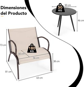 Conjunto jardim de 3 peças com 2 cadeiras com assento em tecido curvo e mesa de café redonda 81 x 63 x 73 cm Castanho claro