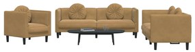 3 pcs conjunto de sofás com almofadas veludo castanho