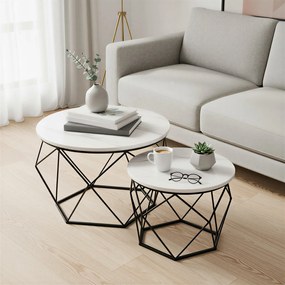 Conjunto de 2 mesas de centro redondas modernas em branco imitação mármore  e preto
