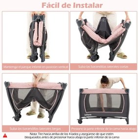 Berço com Centro de atividades 5 em 1 para bebés, parque e mesa para trocar fraldas. Inclui brinquedos suspensos, caixa de música, rodas e cesto. Pret