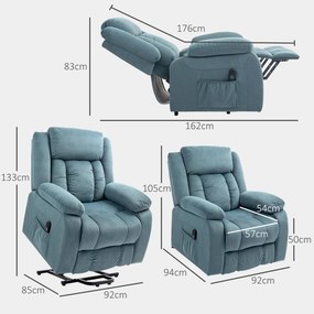 Poltrona Relax Reclinável Elétrica Elevatória com Porta USB Controlo Remoto Assento Amplo Apoio para os Pés Azul