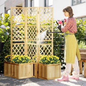 Biombo Exterior com 3 Painéis de Madeira e 4 Floreiras Ecrã de Privacidade de Jardim com Floreira Orifícios de Drenagem Separador de Ambientes para Va